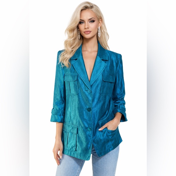 Joan Rivers Jackets & Blazers - Joan Rivers Women’s Green/blue Metallic Lined Blazer Size Medium 3/4 Sleeve